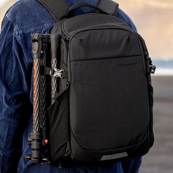 Manfrotto backpack with tripod strapped to the back